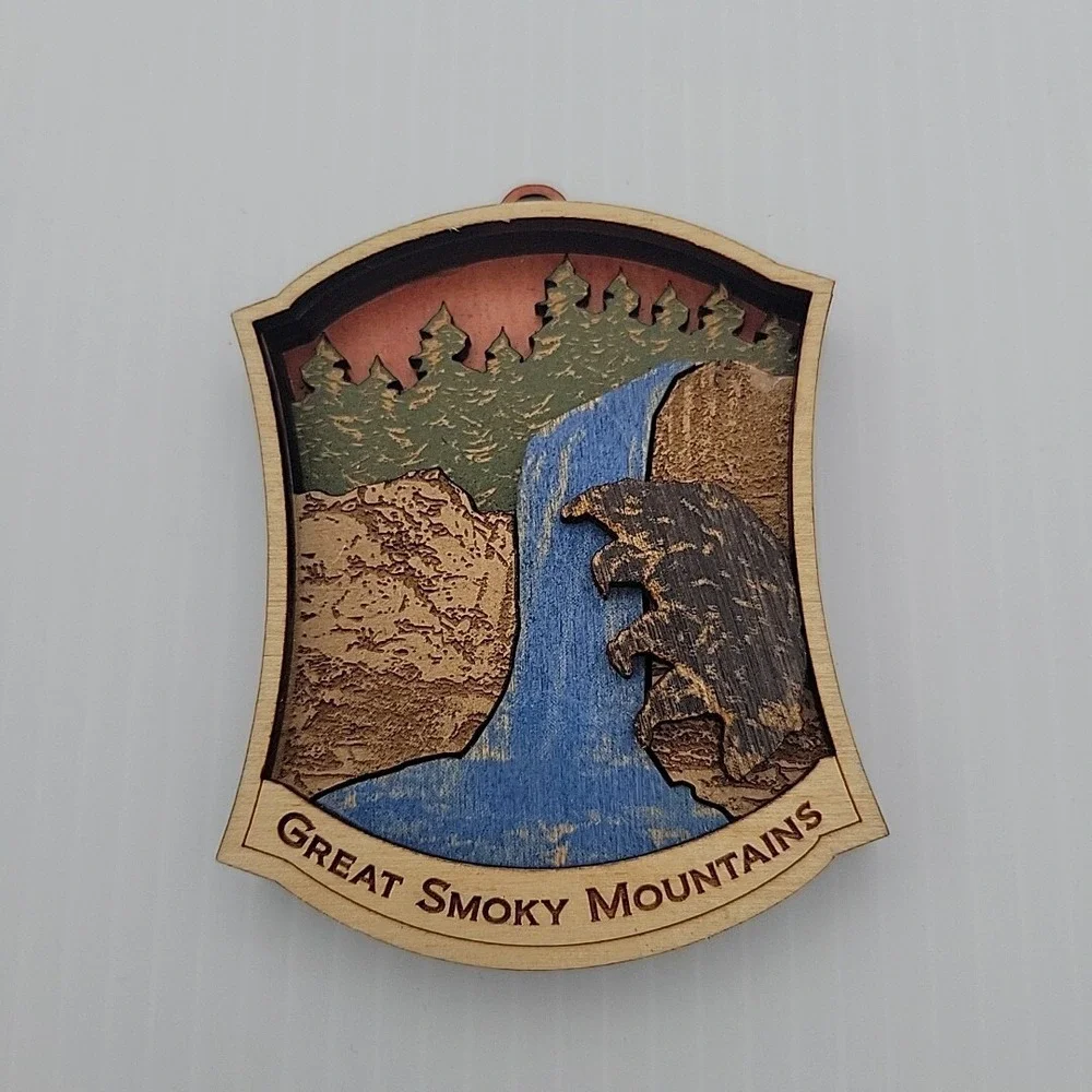Great Smoky Mountains 3D Wood Christmas Ornament Black Bear Waterfall Souvenir